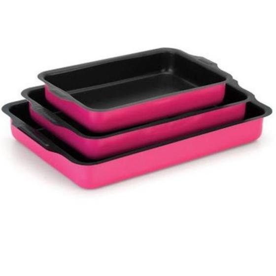 Imagem de Conjunto de Assadeiras Antiaderente Retangular Alta Com Aba Rosa Nº 1 a 3