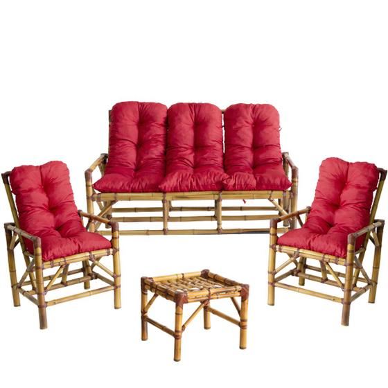 Conjunto de Bambu 5 Lugares, com Mesa de Centro e Almofadas para Área, Varanda - T15 Menor preço em Conjunto de Bambu 5 Lugares, com Mesa de Centro e Almofadas para Área, Varanda - T15