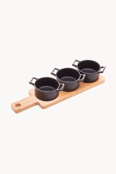 Imagem de Conjunto de Bandeja de Bambu com 3 Petisqueiras Redondas Preta 28,5x10x5cm Wolff