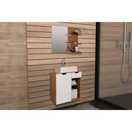 Imagem de Conjunto de Banheiro Armário c/ Espelho BN3608 e Balcão Suspenso BN3605 c/ Cuba Pia BN3600 60cm cor Amêndoa/Branco - Tecno Mobili