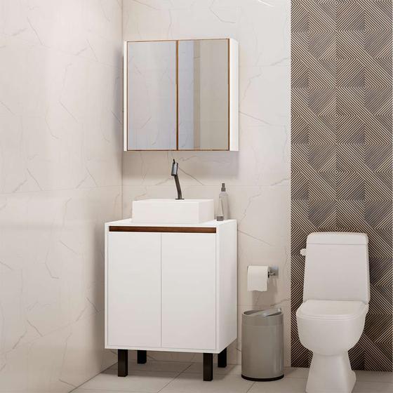 Imagem de Conjunto de Banheiro com Espelho Litto 4 PT Branco e Madeirado