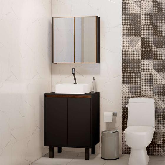 Imagem de Conjunto de Banheiro com Espelho Litto 4 PT Preto e Madeirado