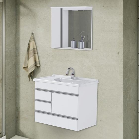 Imagem de Conjunto de Banheiro Gabinete Suspenso 3 Gavetas com Espelheira e Cuba AJ Rorato Modena