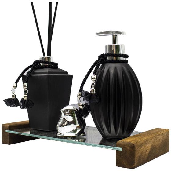 Conjunto de banheiro Luxo Preto Difusor Saboneteira com Bandeja espelhada Menor preço em Conjunto de banheiro Luxo Preto Difusor Saboneteira com Bandeja espelhada
