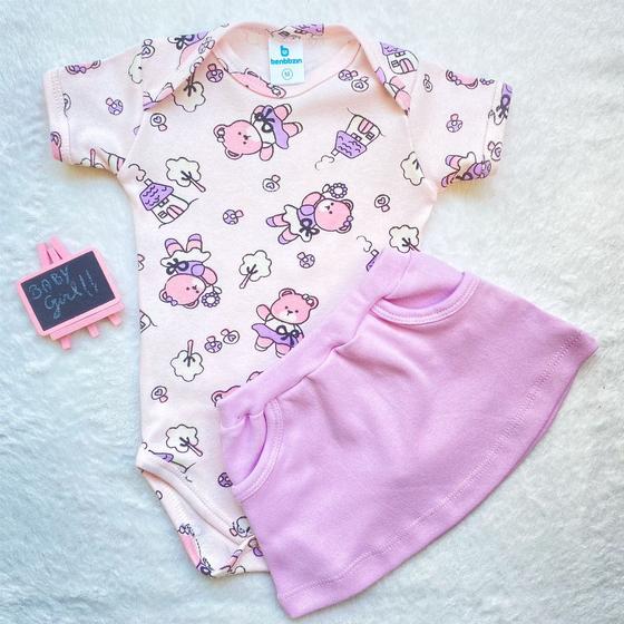 Imagem de Conjunto de Bebê Feminino Verão Body Estampado e Saia em Suedine 100% Algodão.