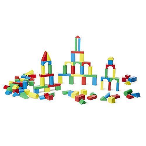 Imagem de Conjunto de blocos de construção de madeira Melissa & Doug - 200 blocos em 4 cores e 9 formas (embalagem sem frustração)