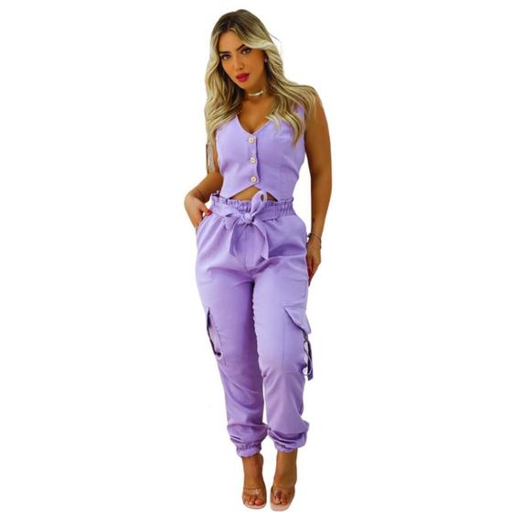 Imagem de Conjunto de Blusa c/Botão mais Calça Lilas: Estilo Simples