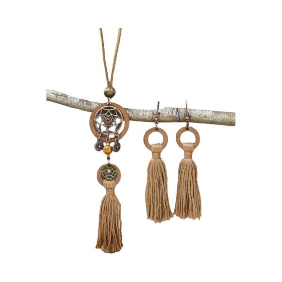 Imagem de Conjunto De Brincos De Colar De Borla Com Pingente Esculpido Oco Étnico Boêmio