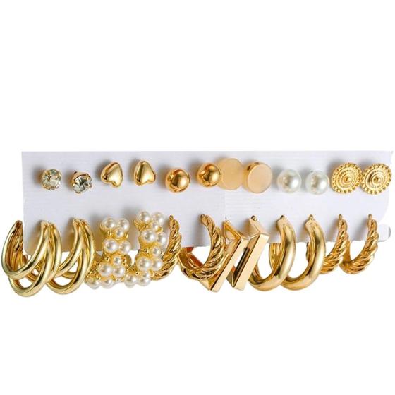Conjunto de Brincos Dourado c/12 Pérola Trançado Triplo Argola Coleção Maldivas Menor preço em Conjunto de Brincos Dourado c/12 Pérola Trançado Triplo Argola Coleção Maldivas
