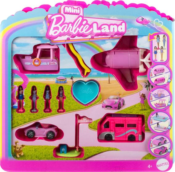 Imagem de Conjunto de brinquedos Barbie Mini BarbieLand com 4 mini bonecas e 4 veículos