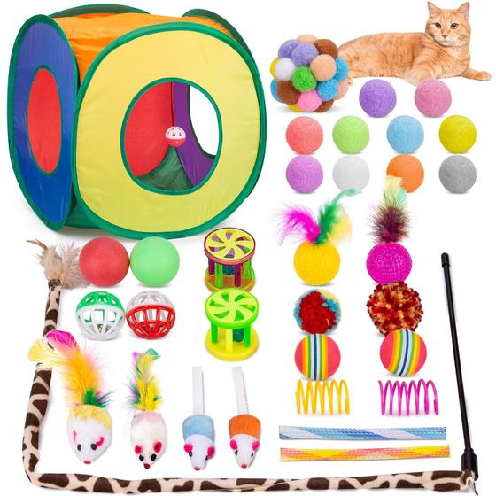 Imagem de Conjunto de brinquedos Cat Retro Shaw com túnel, teaser, bolas e muito mais, 33 unidades