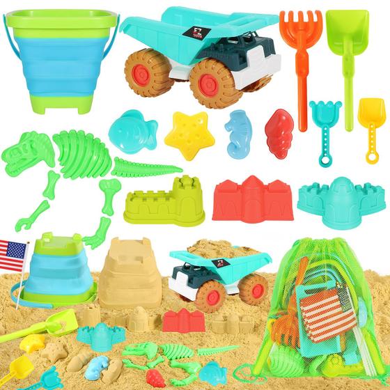 Imagem de Conjunto de Brinquedos de Praia Mastom - 27 Peças com Caminhão e Balde Dobrável
