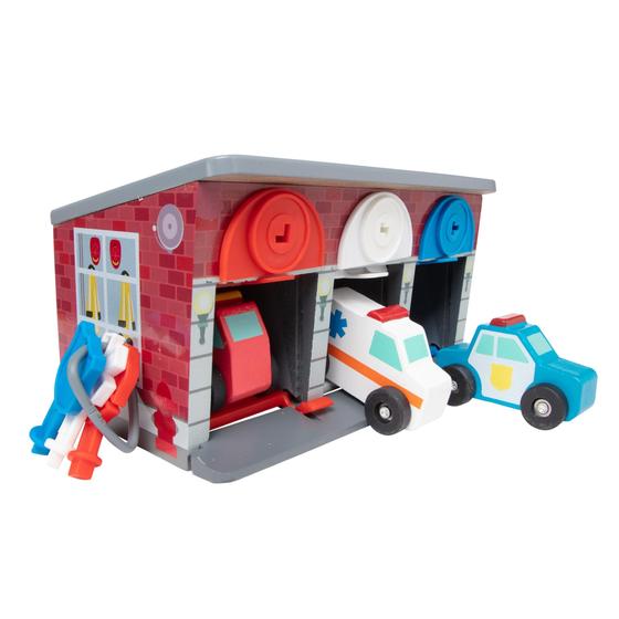 Imagem de Conjunto de brinquedos Melissa & Doug Wooden Rescue Veículos com garagem 36-72m