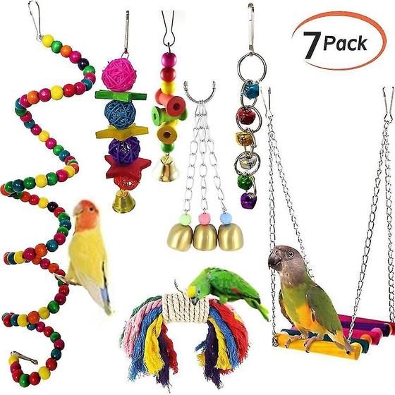 Imagem de Conjunto de brinquedos para pássaros com 7 acessórios para gaiolas de mascar penduradas para papagaios