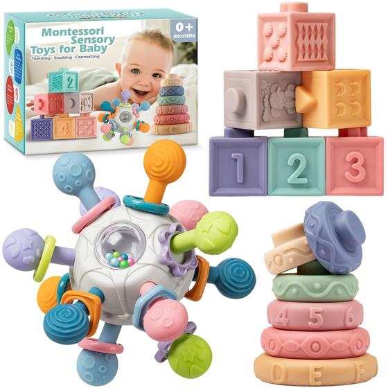 Imagem de Conjunto de Brinquedos Sensoriais Jusmile Baby para Bebês de 6 a 12 Meses - Com Chocalho