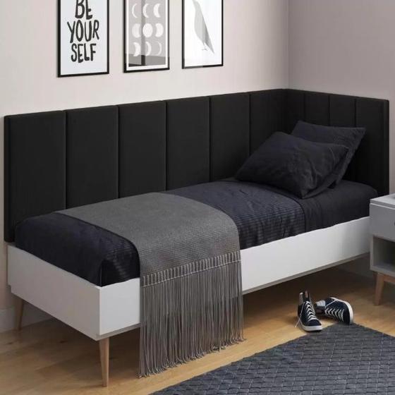 Imagem de Conjunto de Cabeceira Painel Cama Box Laura II Clean Solteiro 0,90 cm com Proteção Lateral Preto