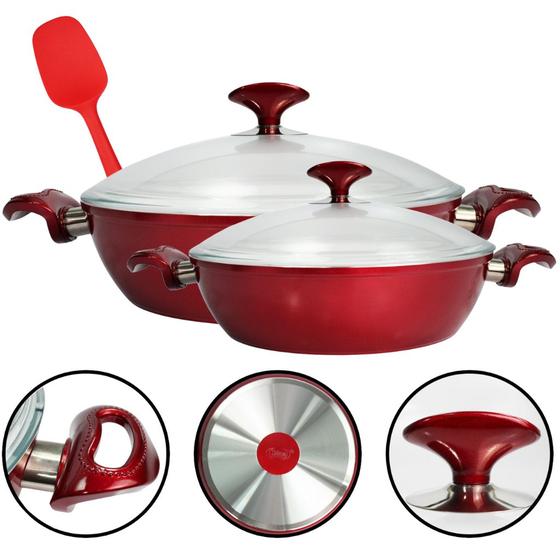 Imagem de Conjunto De Caçarolas Vermelhas Wok 24cm + 28cm Com Espátula E Tampa