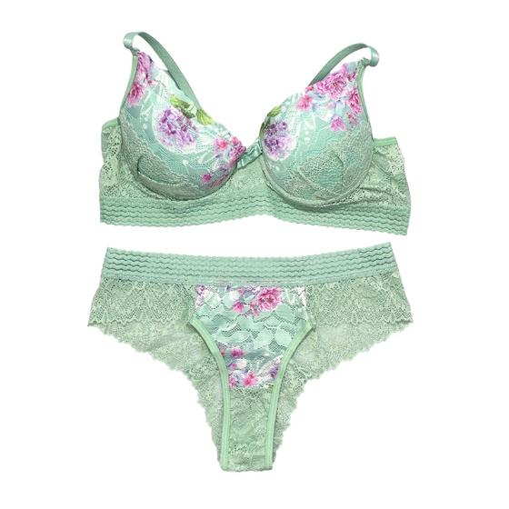 Conjunto de Calcinha e Sutiã Rendado Com Bojo Floral Lingerie Charmosa ...