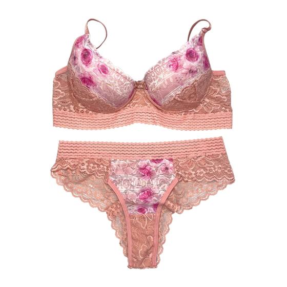 Conjunto de Calcinha e Sutiã Rendado Com Bojo Floral Lingerie Charmosa ...