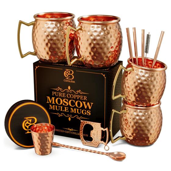 Imagem de Conjunto de canecas de cobre Moscow Mule 4 copos martelados 100% cobre puro