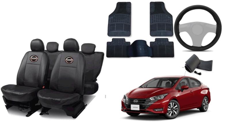 Imagem de Conjunto de Capa de Couro para Nissan Versa 21-24 + Tapetes + Capa de Volante Sofisticada