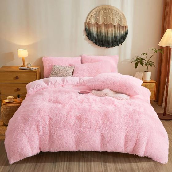 Imagem de Conjunto de Capa de Edredom Besfunny Pink Fluffy Faux Fur - Tamanho Queen