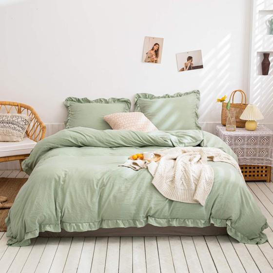 Imagem de Conjunto de Capa de Edredom Merryword Sage Green - Tamanho Twin com Detalhes Ruffled