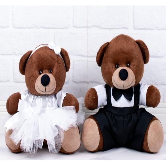 Imagem de CONJUNTO DE CASAL URSO TEDDE 12cm - PAJEM PRETO E DAMINHA BRANCA PELUCIA MARROM