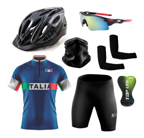 Imagem de Conjunto de Ciclismo Camisa e Bermuda C/ Proteção UV + Capacete de Ciclismo C/ Luz Led + Óculos Esportivo Espelhado + Par de Manguitos + Bandana