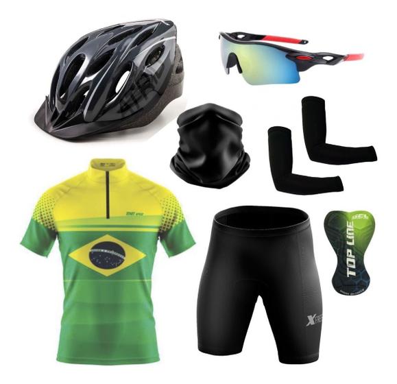Imagem de Conjunto de Ciclismo Camisa e Bermuda C/ Proteção UV + Capacete de Ciclismo C/ Luz Led + Óculos Esportivo Espelhado + Par de Manguitos + Bandana