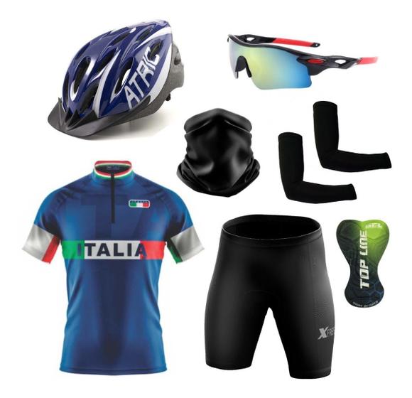 Imagem de Conjunto de Ciclismo Camisa e Bermuda C/ Proteção UV + Capacete de Ciclismo C/ Luz Led + Óculos Esportivo Espelhado + Par de Manguitos + Bandana