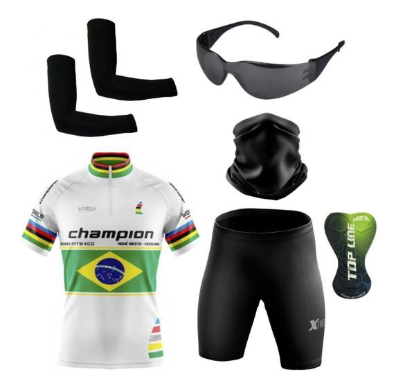 Imagem de Conjunto de Ciclismo Camisa e Bermuda C/ Proteção UV + Óculos de Proteção Preto Anti-Risco + Par de Manguitos + Bandana