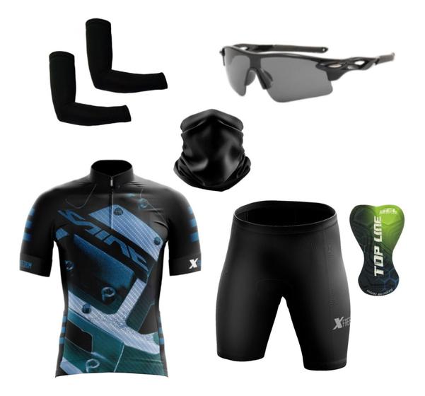 Conjunto de Ciclismo Camisa e Bermuda C/ Proteção UV + Óculos Esportivo Espelhado + Par de Manguitos + Bandana Menor preço em Conjunto de Ciclismo Camisa e Bermuda C/ Proteção UV + Óculos Esportivo Espelhado + Par de Manguitos + Bandana