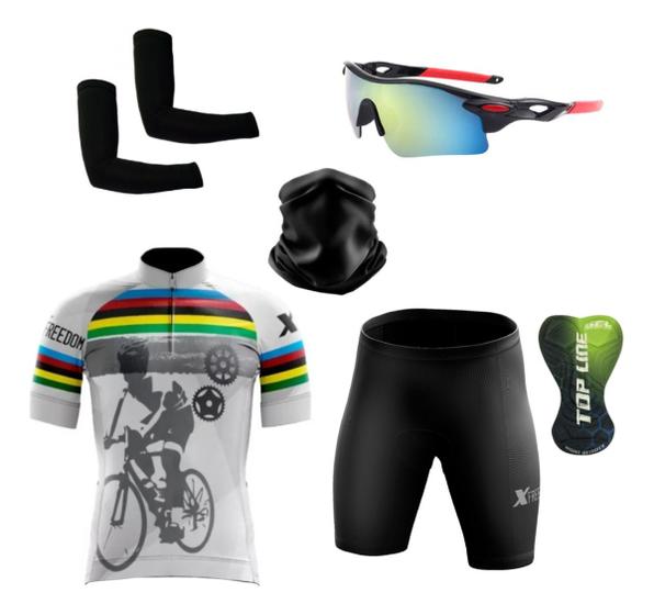 Imagem de Conjunto de Ciclismo Camisa e Bermuda C/ Proteção UV + Óculos Esportivo Espelhado + Par de Manguitos + Bandana