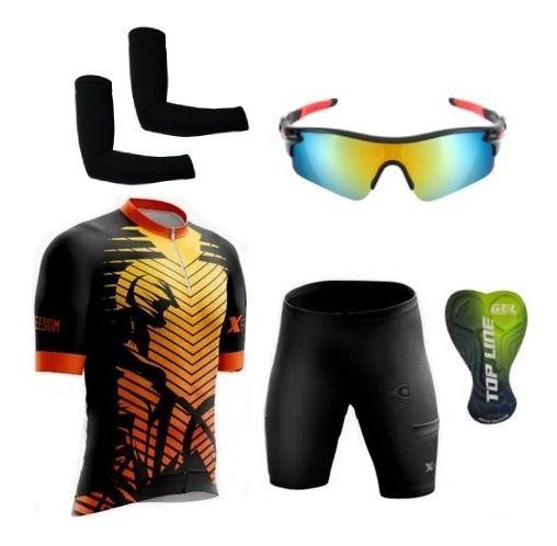 Imagem de Conjunto de Ciclismo Camisa e Bermuda C/ Proteção UV + Óculos Esportivo Espelhado + Par de Manguitos