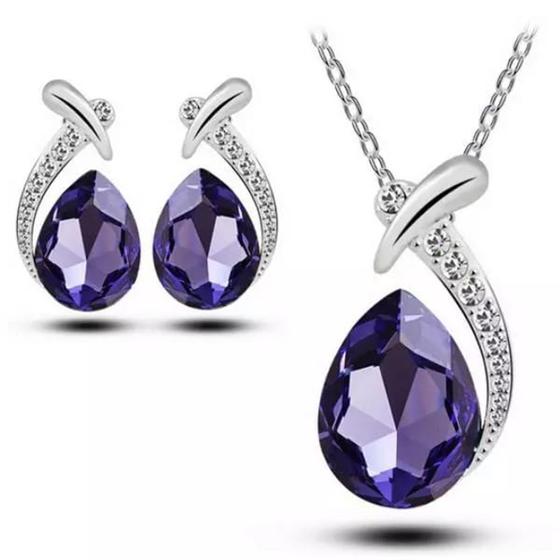 Imagem de Conjunto De Colar E Brincos Formato de Gota com Pingente Cor Prata com Roxo