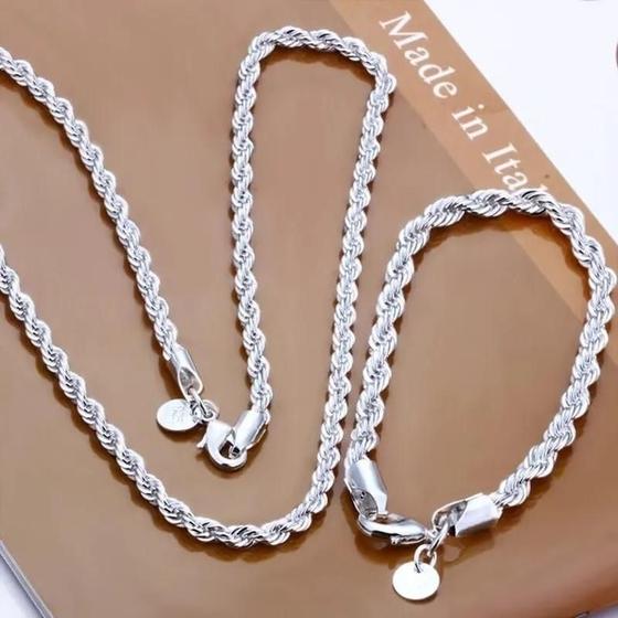 Imagem de Conjunto de Colar e Pulseira de Prata 4mm - Torcido e Cordão - Para Homens e Mulheres