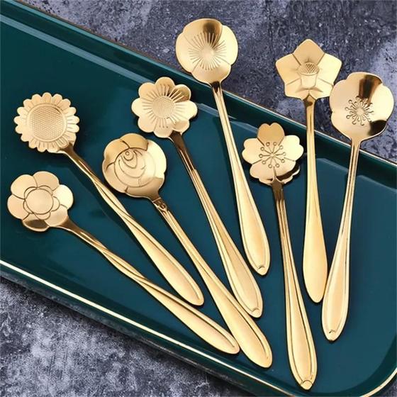 Imagem de Conjunto De Colher De Café De Aço Inoxidável Dourado 8 Peças Cereja Rosa Flor Design Cozinha