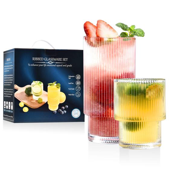 Imagem de Conjunto de copos ISMASOAN Ribbed 12 Highball 360 mL e 12 Rock 210 ml