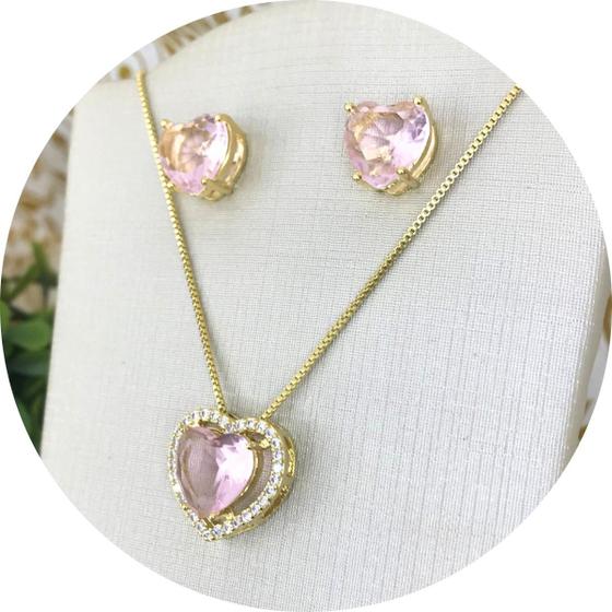 Imagem de Conjunto de coração cravejado rosa claro banhado em ouro 18k