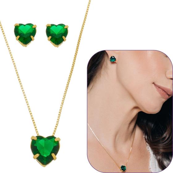 Imagem de Conjunto de coração de cristal verde escuro 10mm banhado a ouro 18k