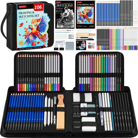 Imagem de Conjunto de Desenho POPYOLA - Pacote com 106 Itens, Caderno e Livro para Colorir