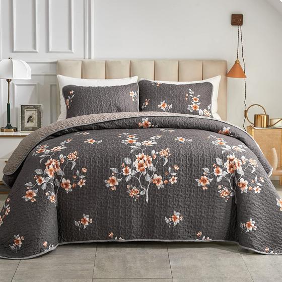 Imagem de Conjunto de edredões Flysheep Full/Queen Size Cinza Escuro Floral x3