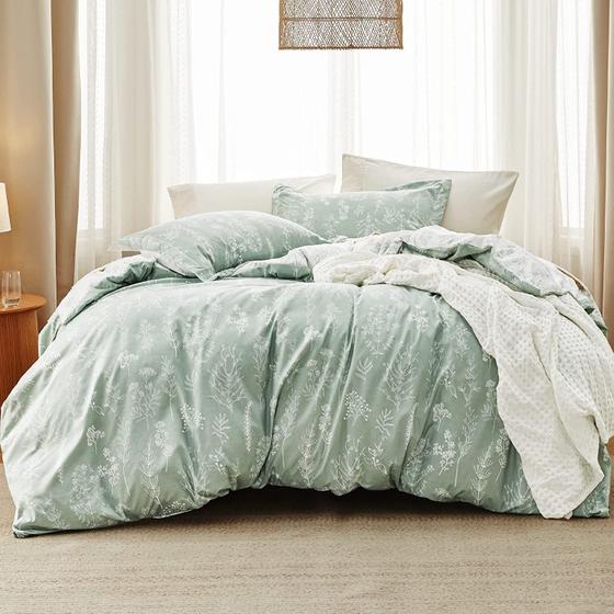 Imagem de Conjunto de Edredom Bedsure King 3 Peças - Floral Verde Sálvia