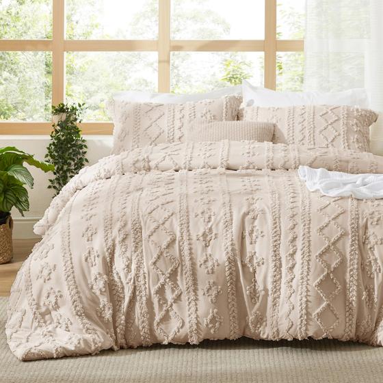 Imagem de Conjunto de edredom Bedsure Tufted Boho Twin Size Khaki, 2 peças
