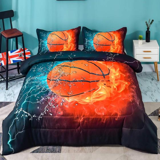 Imagem de Conjunto de Edredom de Basquete Andency - 3 Peças (Full 79x90") - Microfibra para Crianças e Adolescentes
