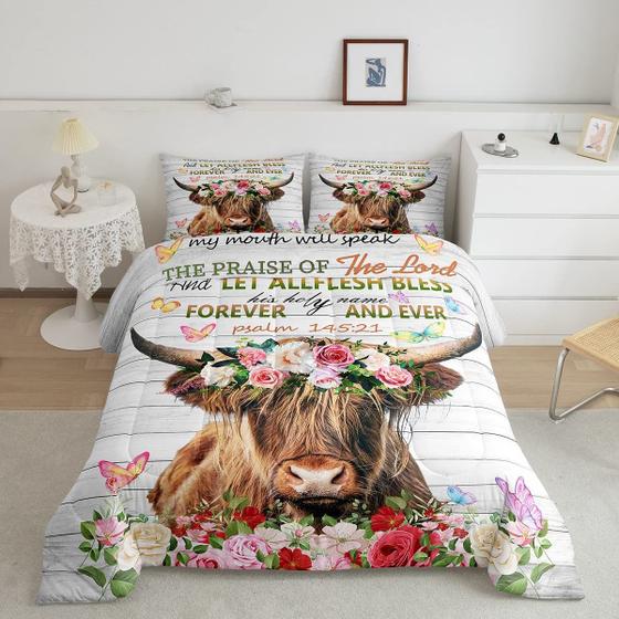 Imagem de Conjunto de edredom Feelyou Highland Cow Rose Bedding com impressão 3D