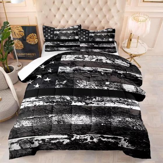 Imagem de Conjunto de edredom kxry preto e branco com bandeira americana completa