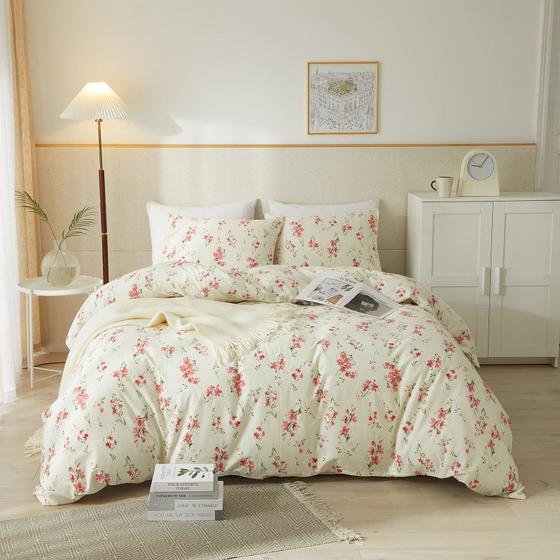 Imagem de Conjunto de edredom mixinni Boho Red Floral em tamanho real com 2 fronhas