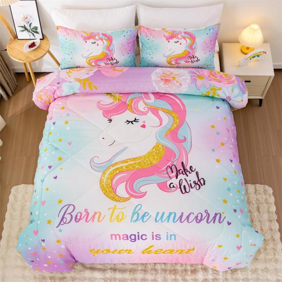 Imagem de Conjunto de Edredom NTBED Unicórnio 5 Peças para Meninas - Com Lençóis